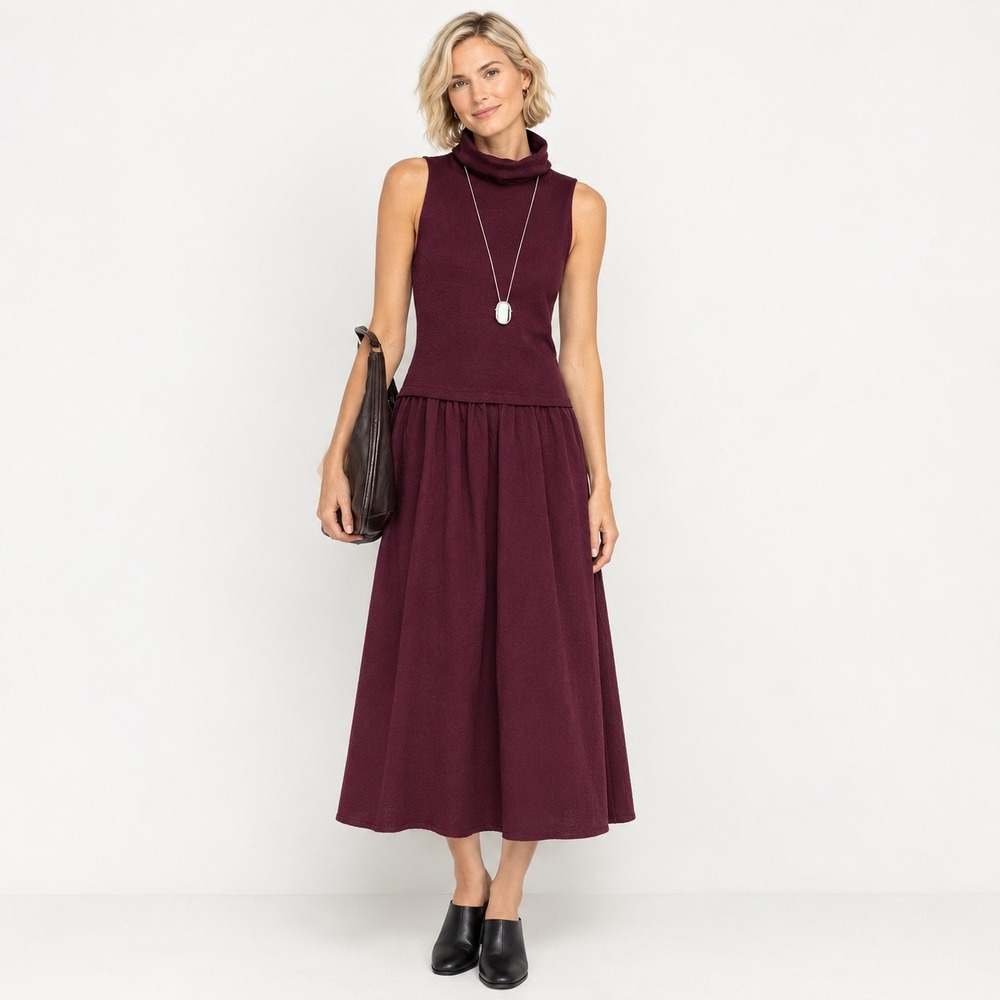 MNG Mango Quiet Luxury Mixed Media Sleeveless Turtleneck Midi Dress Burgundy S